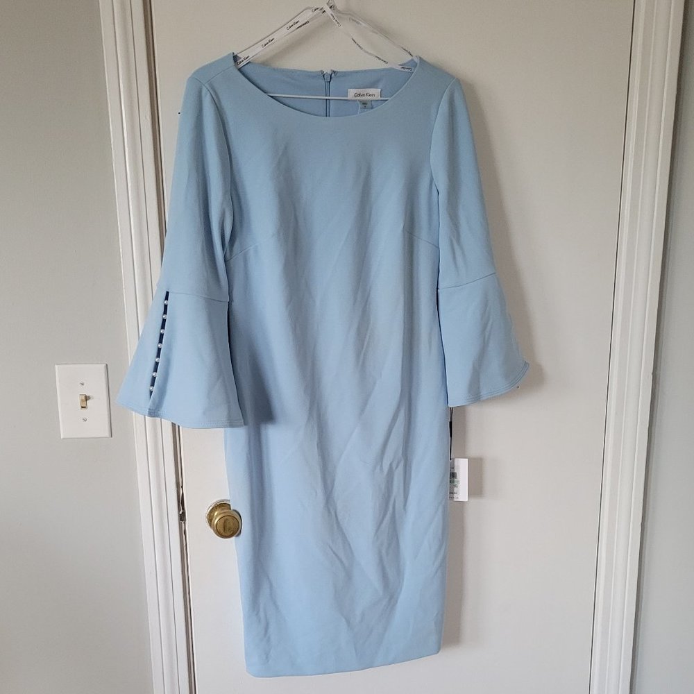 Calvin Klein blue shift dress, bell sleeves